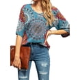 thumbnail image 3 of Femmes T-shirt Évasé Manches Courtes Ample Top V Manches Courtes Top Col Blouse Décontractée, Bleu, M, 3 of 6
