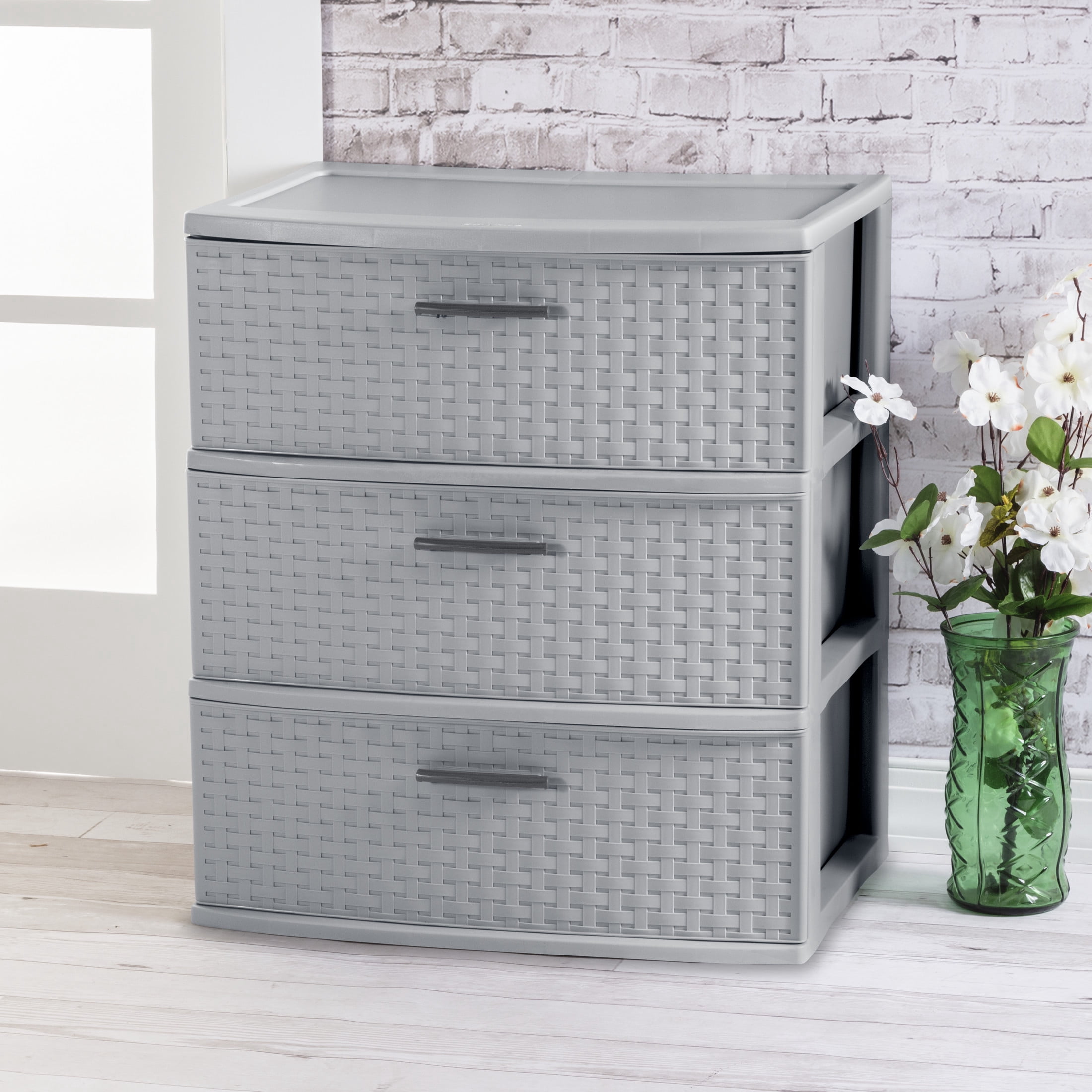 Sterilite 3 Drawer Wide Weave Tower, Plastic Décor Drawers with Pull Handles, Gray