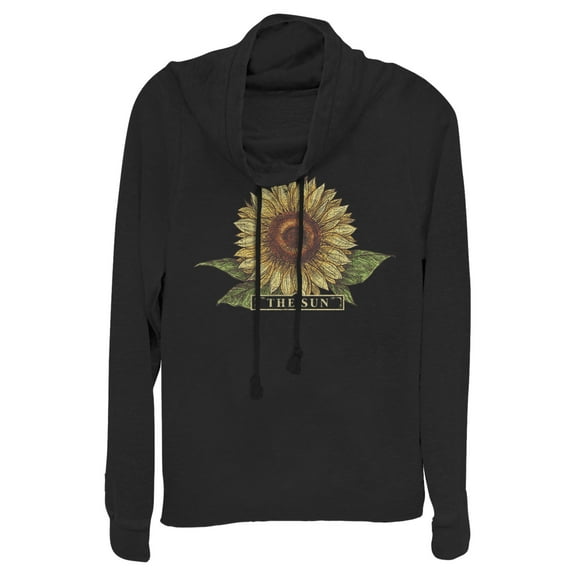 Junior's Lost Gods Sunflower Drawing  Cowl Neck Sweatshirt Black 2X Large