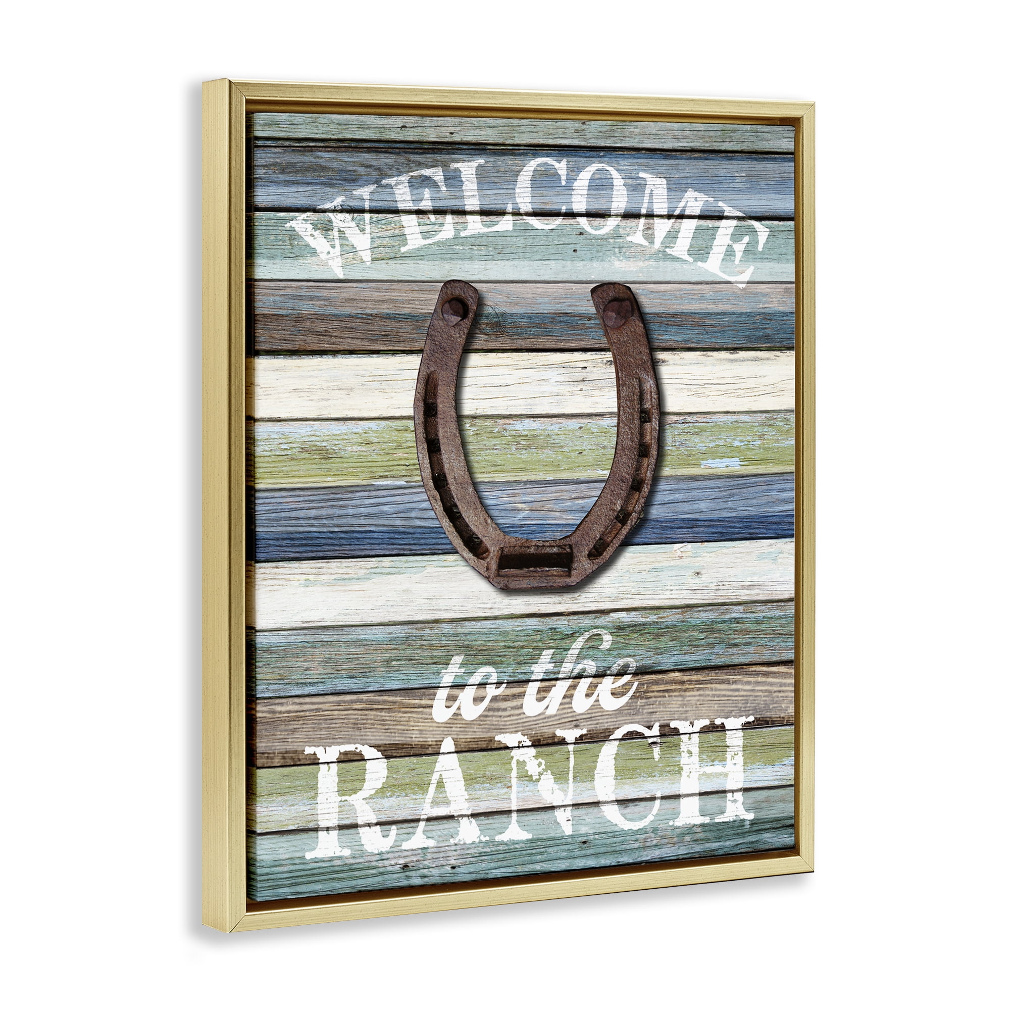 Stupell Industries Welcome Ranch with Horseshoe Text & Numbers Painting Gold Floater Framed Canvas Art Print Wall Art, 25 x 31
