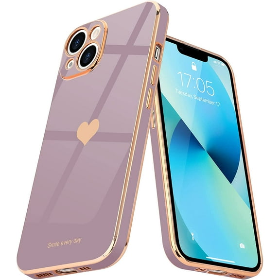 Compatible with iPhone 13 Case for Girl Women Cute Love-Heart Luxury Bling Plating Soft Back Cover Raised Camera Protection Bumper Silicone Shockproof Phone Case for iPhone 13, Lavender