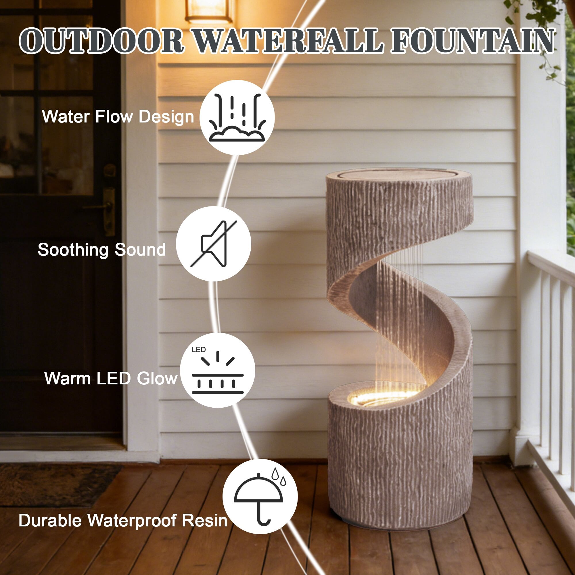 Kaluomm 32" Modern Spiral Column Outdoor Water Fountain with LED Light, Freestanding Resin Waterfall for Patio Garden Decor, Beige