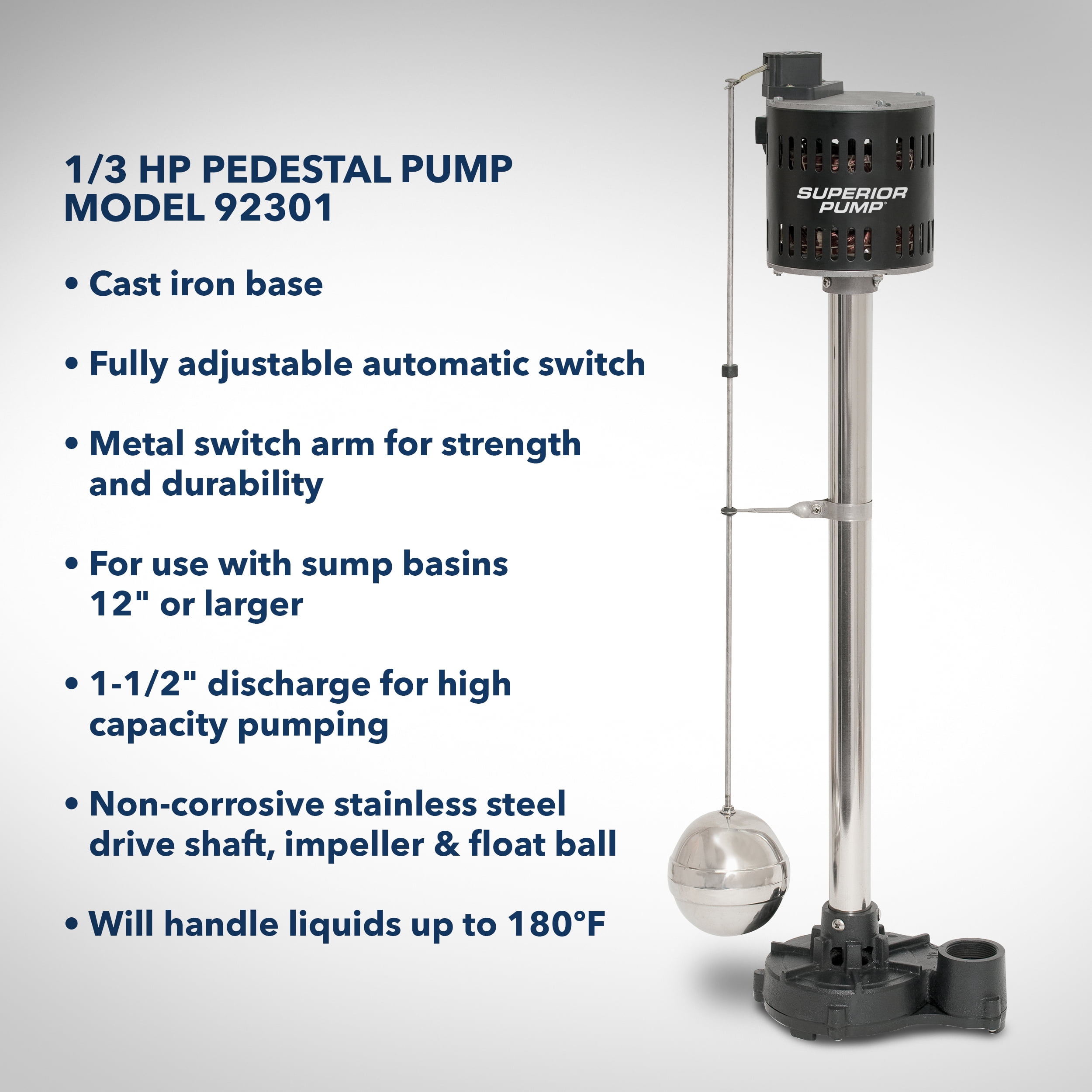 Superior Pump 92301 Utility Water Sump Pump, 1-1/2, 50 Gpm, 0.33 Hp, Iron/Steel, Black, 8.5" x 8.5" x 36"