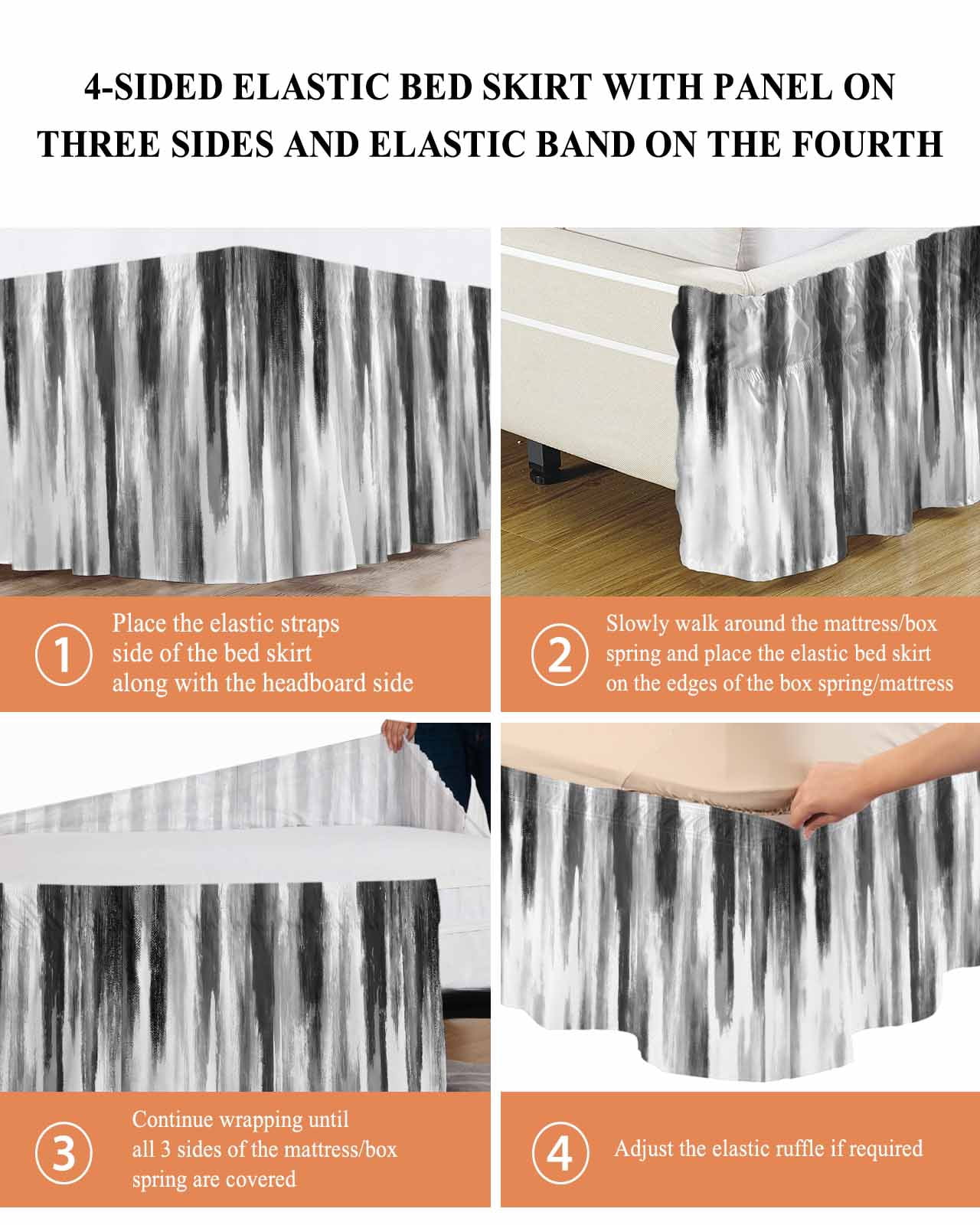Black Gray White Bed Skirt Cal King Size, Vintage Rustic Abstract Ombre Aesthetic Wrap Around Bed Skirting with Adjustable Elastic Strap, Dust Ruffled Pleated Bedskirts 18 Inch Drop for Bedroom Beds