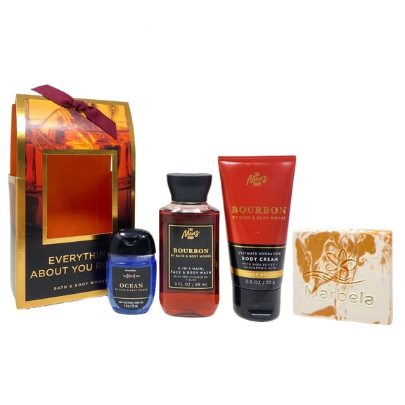 Bath & Body Works Bourbon Everything About You Rock Mini Gift Set - Body Cream, Body Wash and Ocean Hand Gel - with a Peach Gardenia Sample Soap - Travel Size