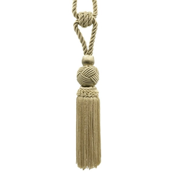 Traditional Curtain Tieback with Turkish Crown Head with Chainette, Tassel Length 6" (15cm), 28" Spread (71cm) (Style# TBTRK6), Tan Beige #814 (Light Tan Beige) Set of 2