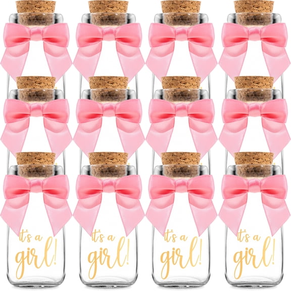 Ethisa 12 Pack It's a Girl Milk Glass Bottles with Ribbons and Stickers - Vintage, Sturdy, Baby Shower Favors for Guests and Table Centerpieces - Girl Baby Shower Decorations - Baby Shower Candy Jar