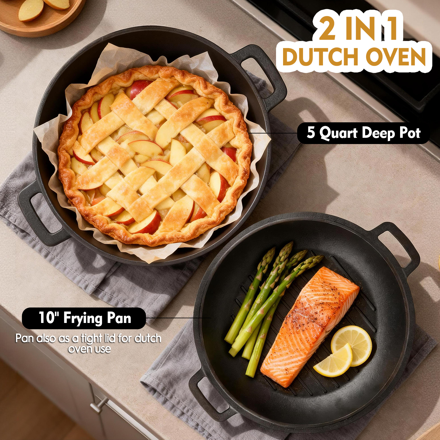 TAIMASI 5-Qt Cast Iron Dutch Oven with Reversible Skillet Lid photo 3