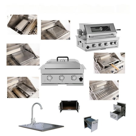 Built-in Outdoor Kitchen 32 inch LPG Gas Grill 60000 BTU Stainless Steel Four burners Grill with Infrared Rear Bunrer and Door and Drawer Combo and Drop in Stainless Steel 304# Sink with BBQ Tool Set