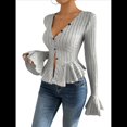 thumbnail image 2 of Camiseta Elegante de Larga con Cuello en V para Mujer, Otoño e Invierno, con Volantes, Corte Entallado y Mangas Acampanadas Gris M, 2 of 8