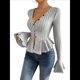 thumbnail image 2 of Camiseta Elegante de Larga con Cuello en V para Mujer, Otoño e Invierno, con Volantes, Corte Entallado y Mangas Acampanadas Gris XL, 2 of 9