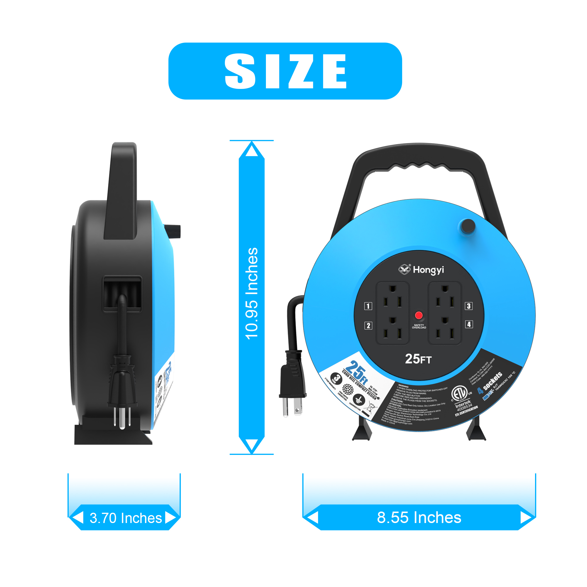 Hongyi Extension Cord Reel with 16AWG x 3C SJT 25ft 4-Outlet,Blue