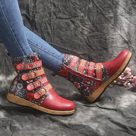 

Cathalem Rain Boots for Women Mid Calf 10 Zipper Flat Retro Flowers Middle Round Shoes Tall Extra Wide Calf Boots for Women Red 9
