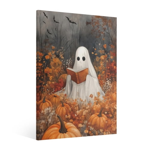 Vintage Halloween pumpkin, ghost Canvas Wall Art Painting, Retro Horror Creepy Dark Poster,Gothic Artwork Picture Print Decor, Spooky Ghost Wall Decor for Bar Living Room Bedroom Party Framed