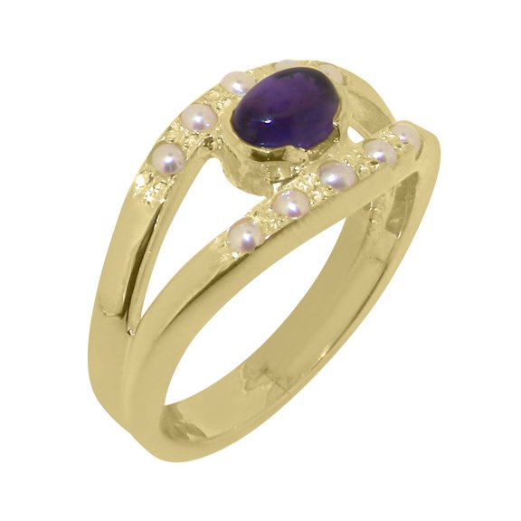 LBG British Made 14k Yellow Gold Natural Amethyst & Cultured Pearl Womens Band Ring - 33 size options - Size 10