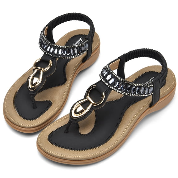 Littleplum Womens Elegant Rhinestone Sandals Comfortable Arch Support Summer Breathable Sanadals for Women,Black,Size 6