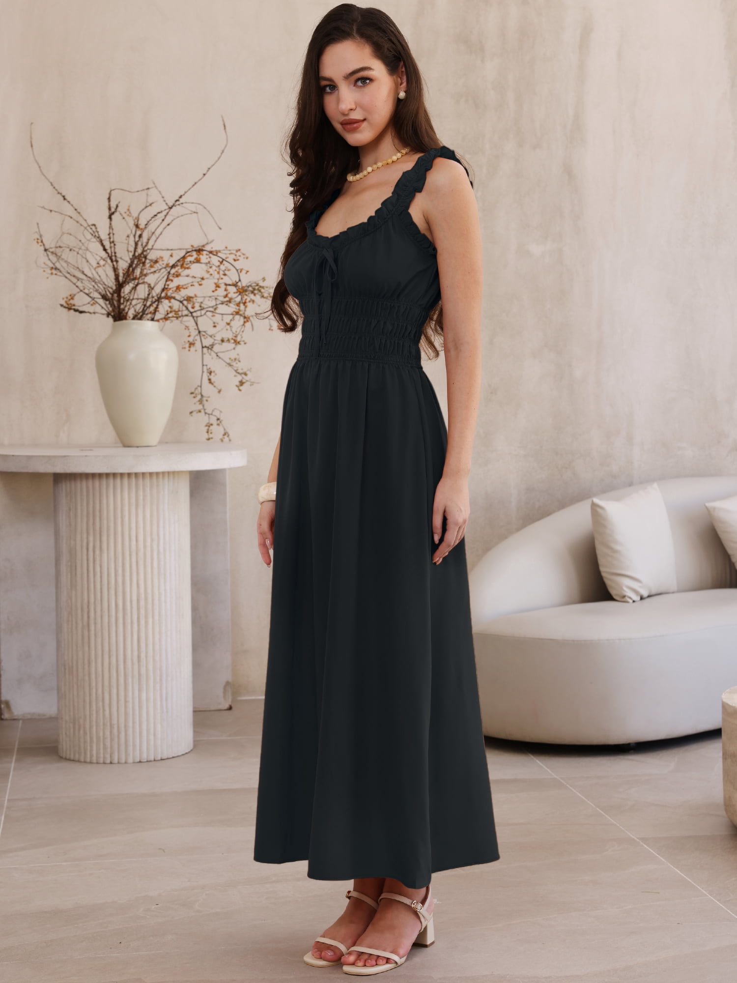 DARING DIVA Women's Spaghetti Strap Square Neck A Line Flowy Dress S Black