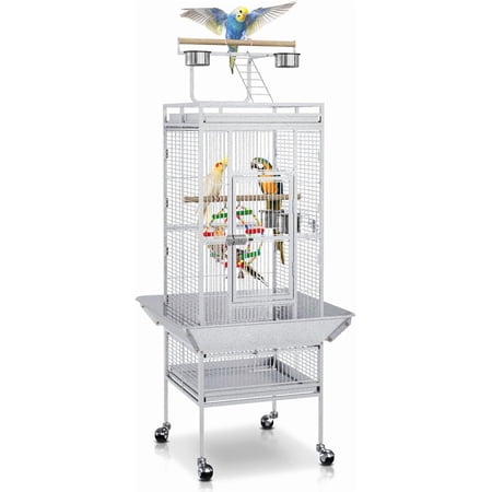 PRO 61-inch 2in1 Large Bird Cage with Rolling Stand Playtop Parrot Chinchilla Finch Cage Macaw Conure Cockatiel Cockatoo Pet House Wrought Iron Birdcage, White