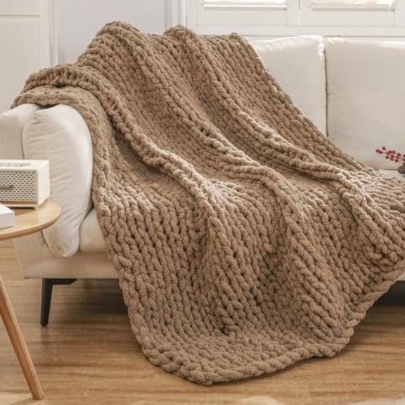 Chunky Knit Blanket Throw 51×63 Knitted Throw Blankets for Couch Bed Fluffy Soft Blanket with Jumbo Chenille Yarn Thick 100 Handmade Brown