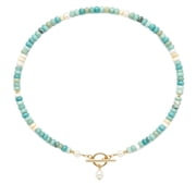 Handmade Beaded Necklace for Women, Natural Stone Bubble Letter Pendant, Colorful Gemstone Summer Beach Jewelry Gift, Trendy Statement Necklace (Gold)