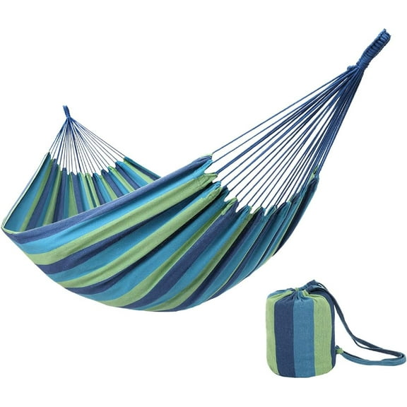 VibrantEcho Extra Long and Wide Double Hammock for Travel Camping Backyard, Porch, Outdoor or Indoor Use, Carrying Pouch Included (Blue/Green Stripes)