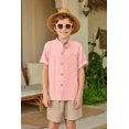 thumbnail image 5 of Arshiner Boy's 2 Piece Beach Outfit Short Sleeve Textured Button Down Shirt and Short Sets Summer Vacation Wear, 5 of 8