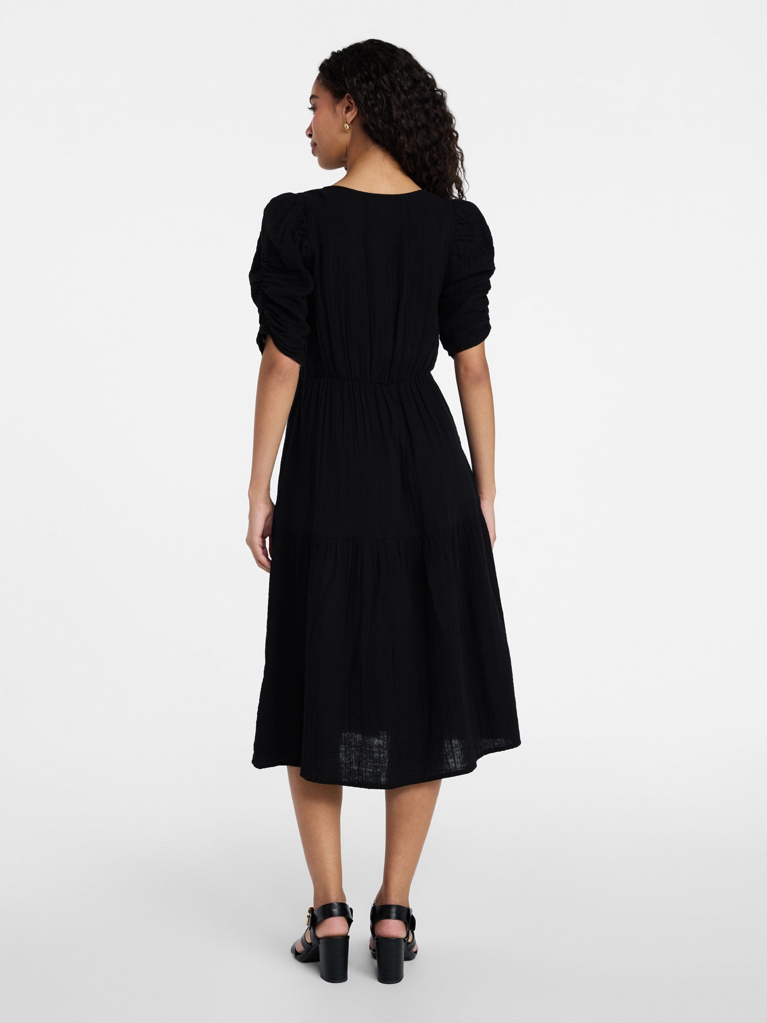 Time and Tru Women's Cotton Tiered Midi Dress with Elbow Length Sleeves, Sizes XS-XXXL