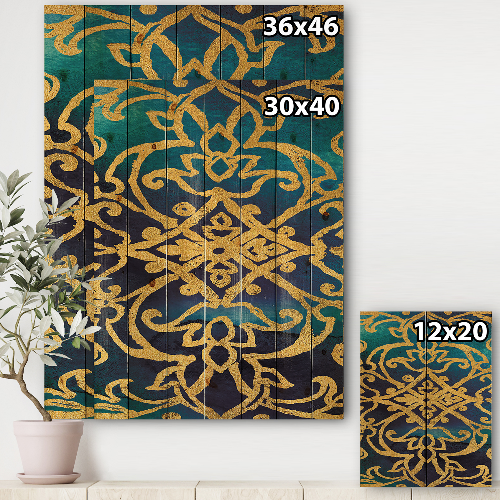 Designart 'metallic Glam Indigo Form II' Transitional Print on Natural Pine Wood