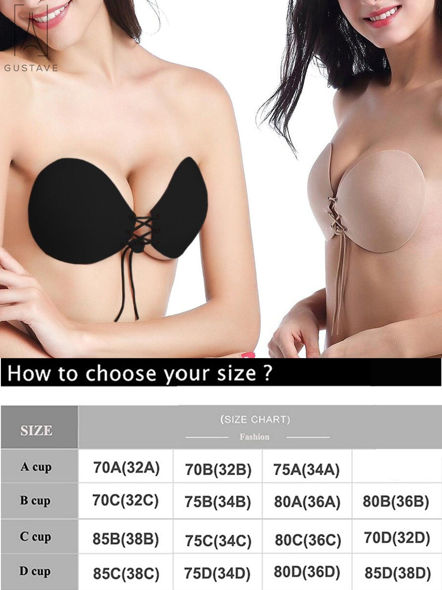 Nucomfort Adhesive Backless Bra, C Cup (BLACK), Strapless & Invisible, Comfortable Silicone Fabric