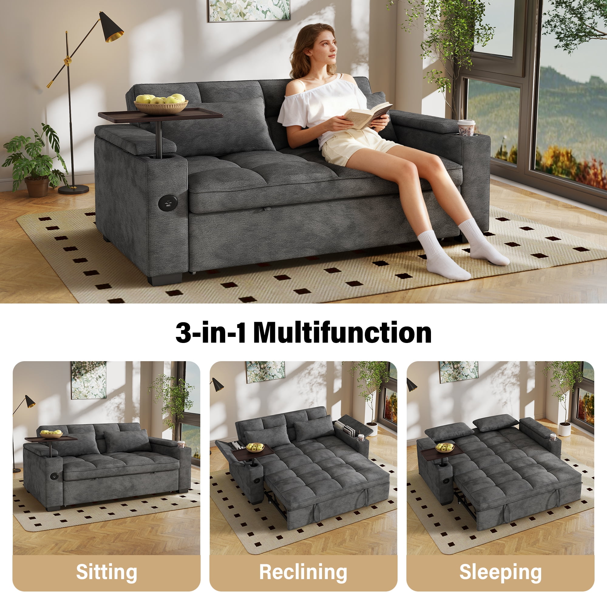 Aukfa 65"W Convertible 3-in-1 Sofa Bed with Storage, Queen Chenille Sleeper Couch with USB/Type-C Ports & Rotating Side Table,Gray
