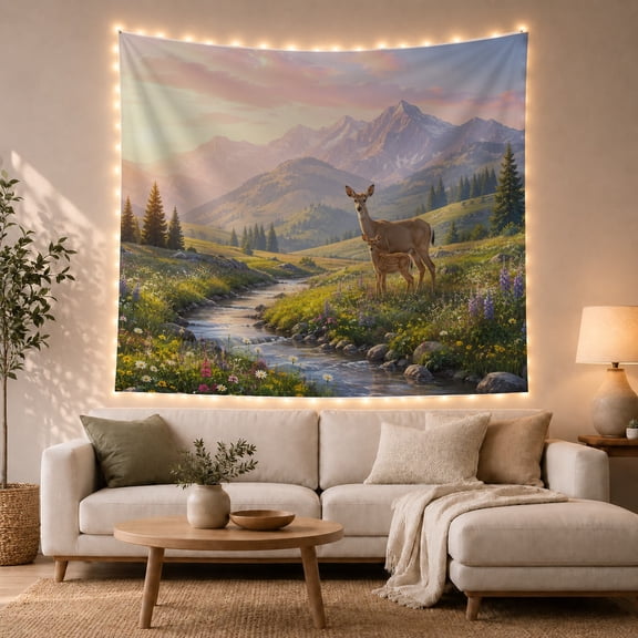 Deer in Mountain Valley, Peaceful Wildlife Scene, Rustic Wall Art for Nature Lovers, Wildlife Decor, Mother's Day Gift Tapestry Wall Hanging for Bedroom, Living Room