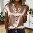 thumbnail image 5 of Craaazy Women's Short Sleeve V Neck Tops Satin Solid Color Casual Button Down Blouses for Spring Summer Gift, 5 of 5