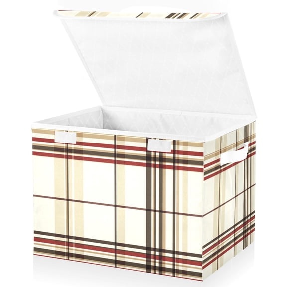 Yayeee Collapsible Cube Storage Bin with Lid Fabric Closet Decorative Basket with Handles, Cream Plaid