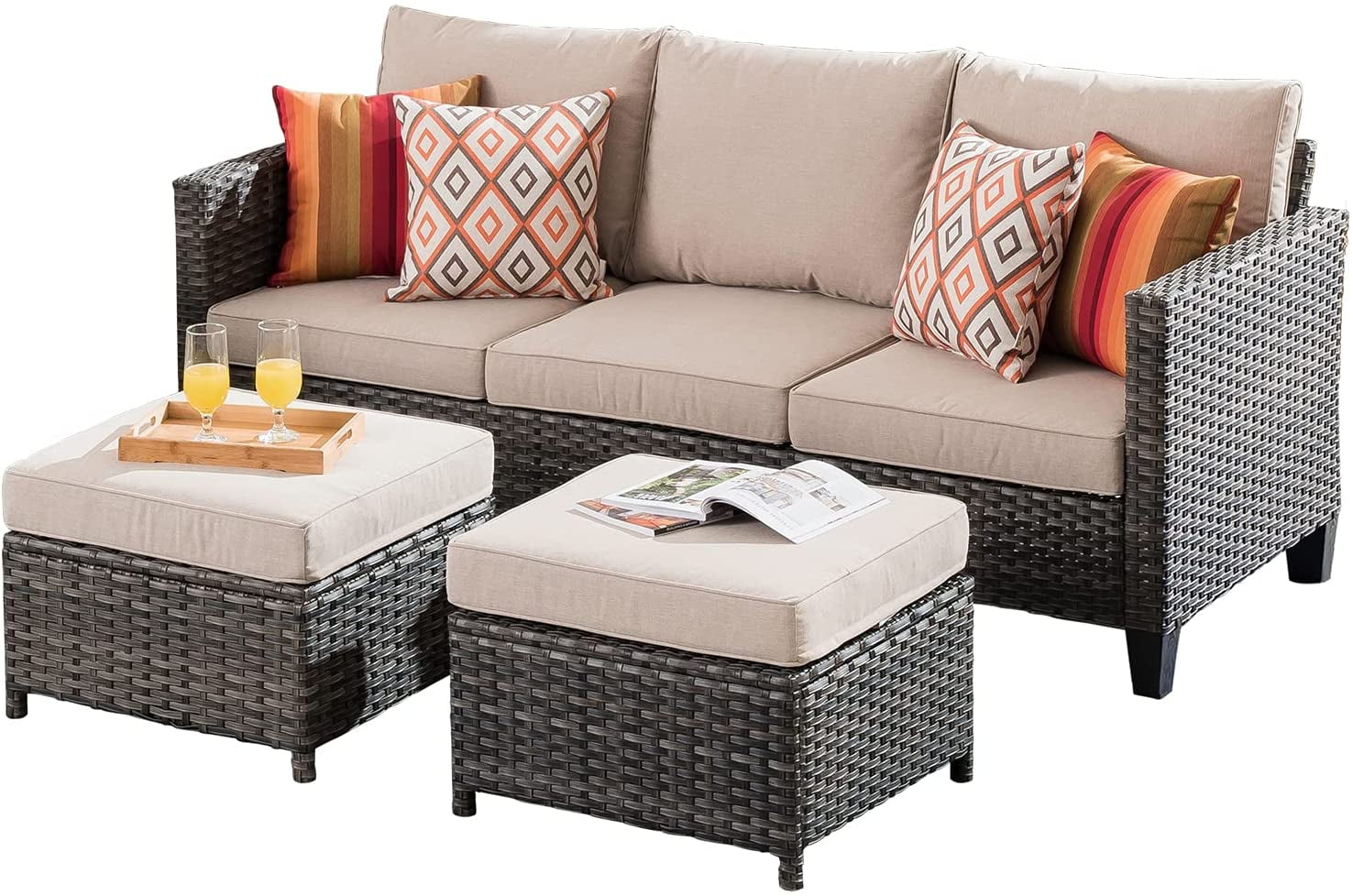 Ovios 3-Piece Outdoor Furniture Set All-Weather Wicker Patio Sofa with Cushions for Conversations