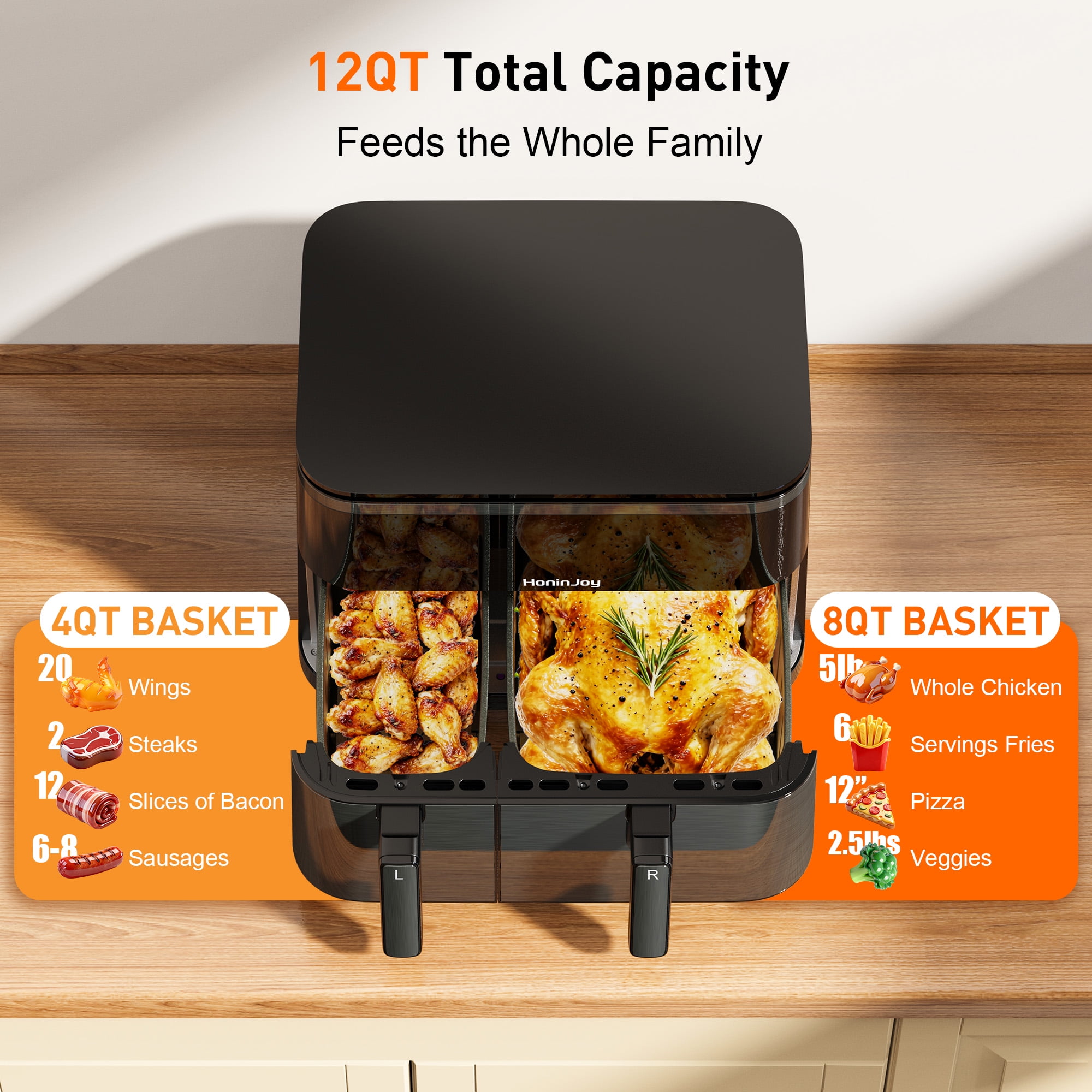 HoninJoy Large Double Air Fryer, 10-in-1 Independent  4+8 QT Baskets Air Fryer with LED Touch Screen (Air Fryer Liner Inclued)