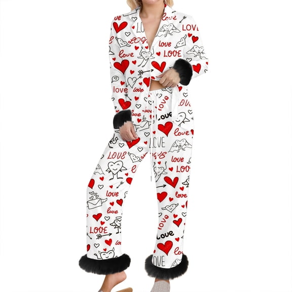 JIKNTTR Pajamas For Women 2 Piece Outfits Valentines Heart Print Long Sleeve Shirts And Pants Sleepwear Soft Button Down Loungewear Soft Comfy Sleepwear