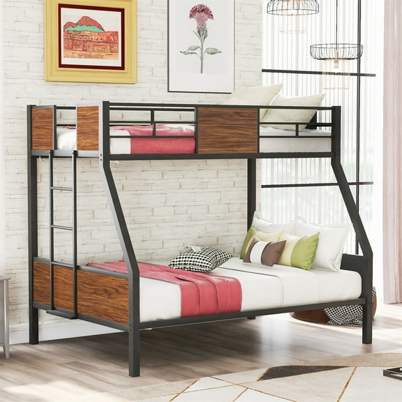 Aukfa Metal Bunk Bed Twin over Full Size for Bedroom, Drom, Built in Ladder, Black