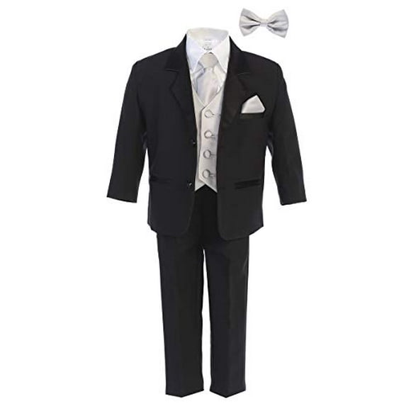 Little Gents Boys Tuxedo Suit Black with Silver Vest - Toddler Tuxedo for Wedding and Communion - Modern Fit (Size 2t)