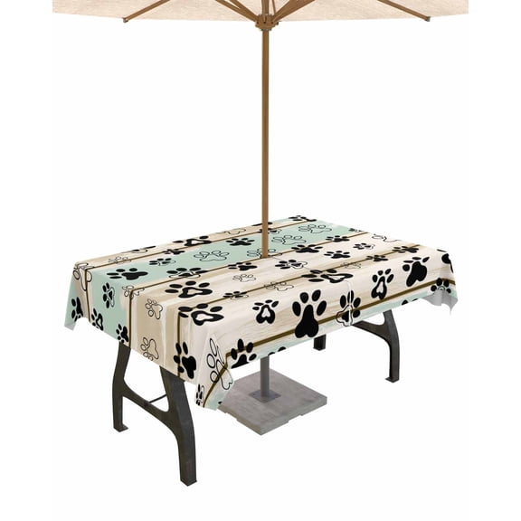 Fsddascl Sage Green Beige Farmhouse Outdoor Tablecloth - 60x102 Inch Rectangle Dining Table Cover, Black Dog Paw Vintage Wooden Waterproof Outdoor Table Cloth with Umbrella Hole & Zipper for Patio