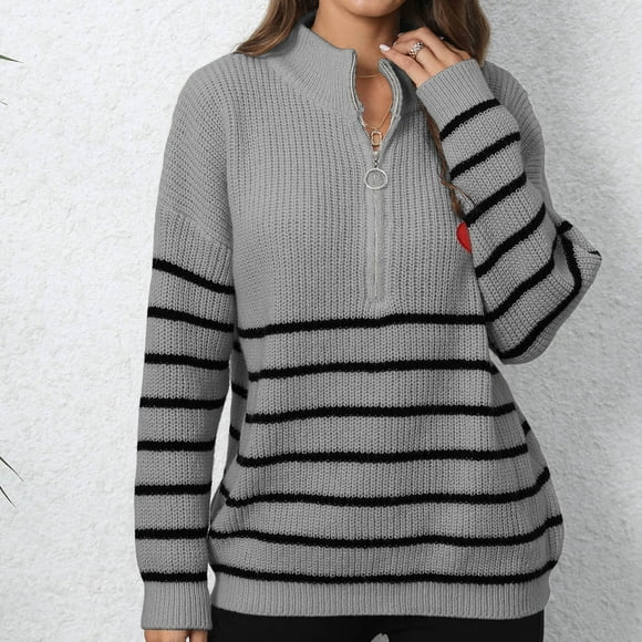 EQWLJWE Summer Saving Clearance ! Women's Woven Striped Sweater Half Zip Long Sleeve Semi-Turtleneck Knitted Pullover Sweaters Tops Fall Winter 2023 Womens Fall Fashion 2023