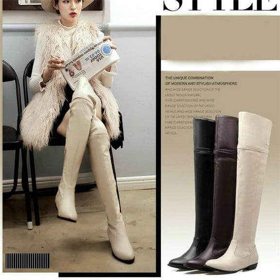 Miluxas Women's Knee-High Boots Comfortable Flat Low Heel Round Toe Stretchy Leather Slouch Boots