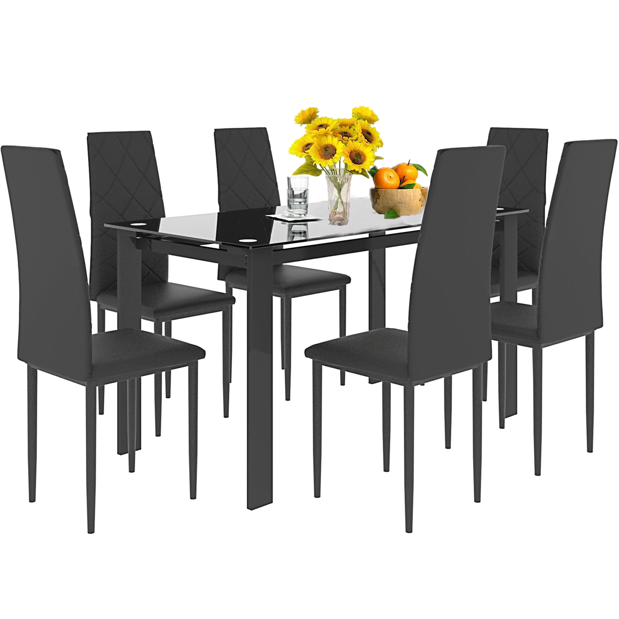 Modstyle Kitchen Dining Table Set for 6, Glass Dining Table & 6 Chairs, Black
