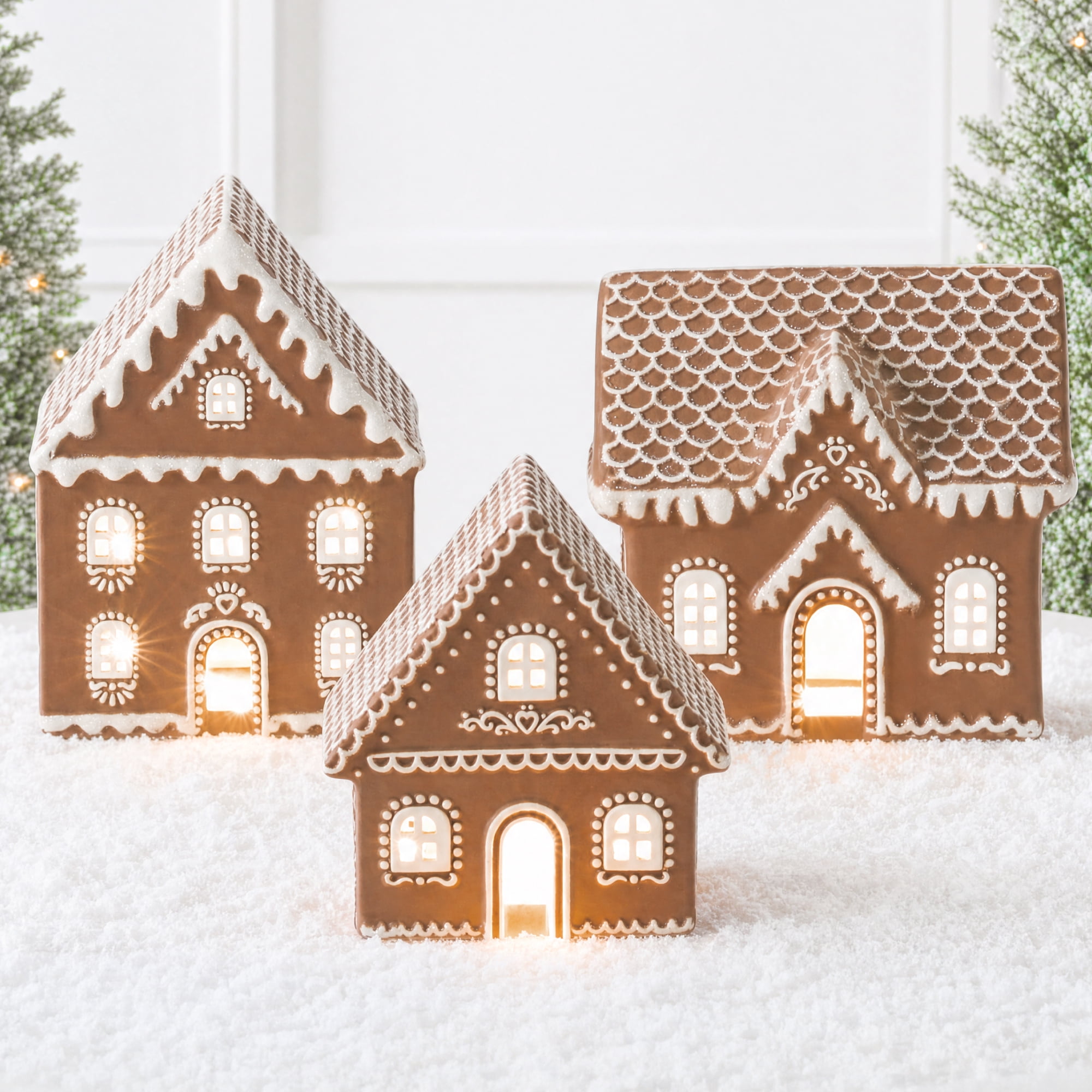 Best Choice Products 3 Pc Set Ceramic Gingerbread House Lighted Christmas Decor, Pre-lit Cordless Holiday Decoration