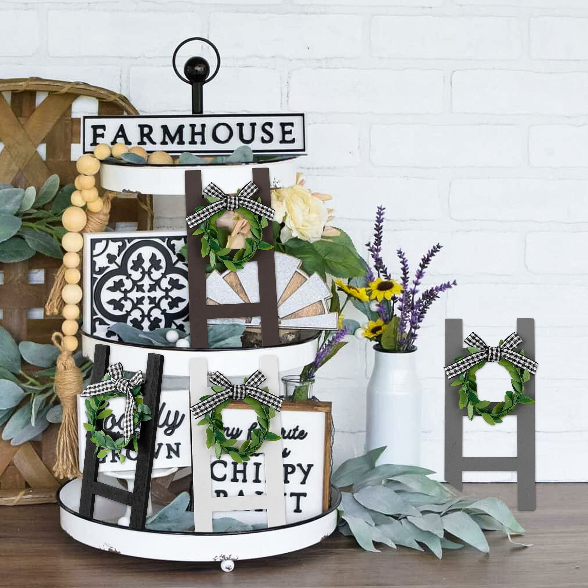 DIY Hello Spring Circle Wood Miniature Sign Tiered Tray Décor Laser cut letters and wood Farmhouse Type