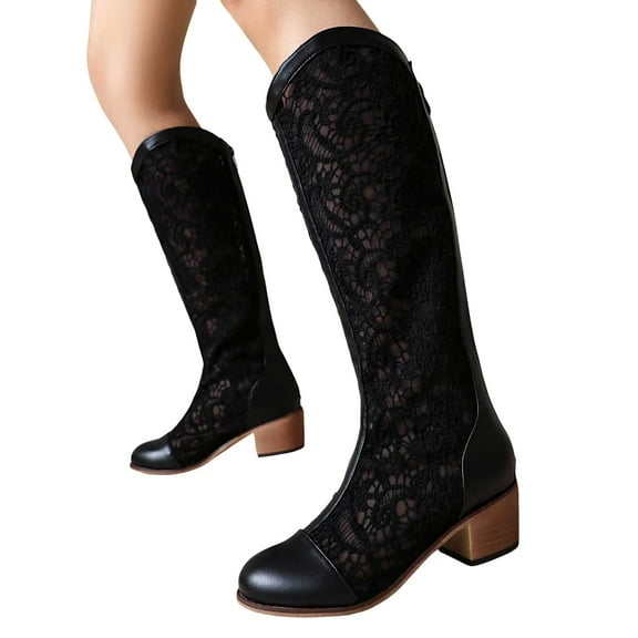 Black Lace Knee High Boots for Women Vintage Crochet Hollow out Stacked Chunky Mid Heel Wide Calf Tall Boots