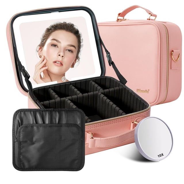 Mocado Bolsa de maquillaje de viaje con espejo iluminado LED, organizador de maquillaje de viaje, estuche de maquillaje con 3 colores iluminados y espejo de aumento 10x, almacenamiento portátil y caja