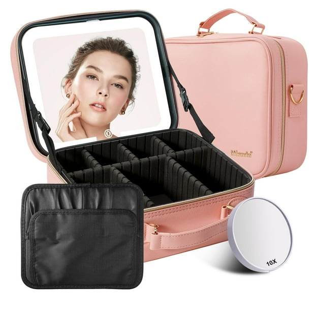 Mocado Bolsa de maquillaje de viaje con espejo iluminado LED, organizador de maquillaje de viaje, estuche de maquillaje con 3 colores iluminados y espejo de aumento 10x, almacenamiento portátil y caja