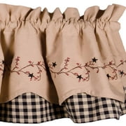 Star Berry Vine Check Fairfield Black and Nutmeg 72" x 15.5" Lined Cotton Valance by Primitive Home Decors