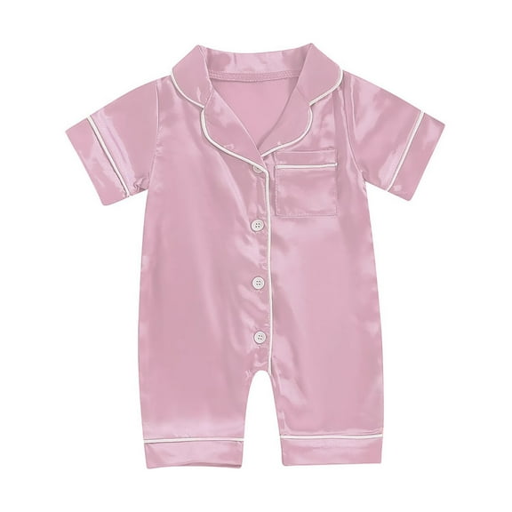 Xudanell Baby Boy Girl Silk Pajamas Romper Shorts Sleeve Button Down Satin One Piece Onesie Pjs Sleepwears (Light Pink, 12-18 Months)