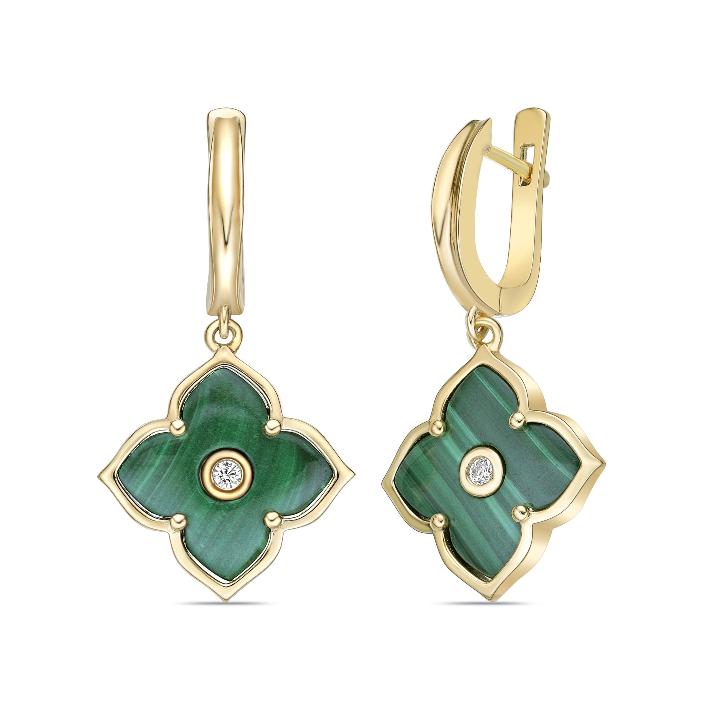Malachite Flower Dangle Drop Earrings for Women with Cubic Zirconia in 925 Sterling Silver with Yellow Gold Plating Hinged Back by Lavari Jewelers